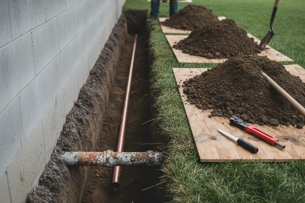 Excavated water line trench during Water Softener Installation in Derry